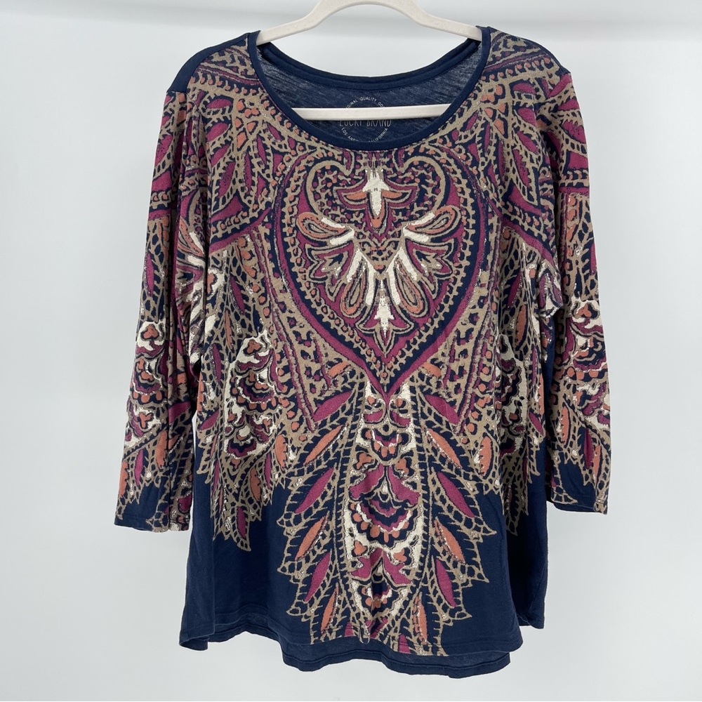 Lucky Brand Boho Southwestern Print Top, 3/4 Sleeves, Navy, Women's 1X
